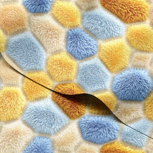 May include: A close-up of a fabric featuring a pattern of fluffy, textured shapes in shades of blue, yellow, and beige. The shapes are irregular and resemble fur or soft stones, creating a tactile and visually interesting design.