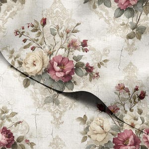 May include: A floral pattern with cream and burgundy roses, green leaves, and stems. The design incorporates a vintage damask background with a distressed, crackled effect, creating a classic, romantic aesthetic.