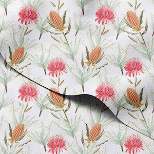 May include: White fabric with a repeating floral pattern. The design features pink, spiky flowers and orange seed pods, along with green leaves and stems. The watercolor-style print has a delicate, botanical theme.