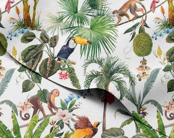 Tissu d'extérieur imperméable par mètre - Impression du feuillage des oiseaux de la jungle tropicale et des singes de 150 cm de large