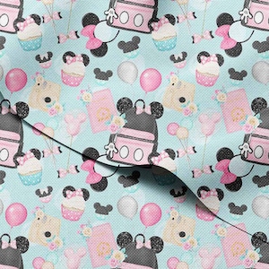 May include: A light blue fabric with a repeating pattern of Minnie Mouse-themed illustrations. The design includes cupcakes, balloons, backpacks, bows, and Mickey Mouse silhouettes in pink, black, white, and tan.