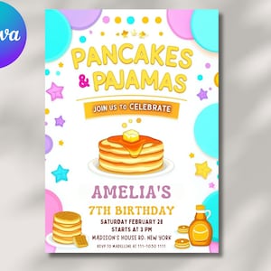 Pancakes and Pajamas Birthday Invitation, Pancake Invitation, Editable Pancakes and Pajamas Birthday Invitation, 5x7 Canva