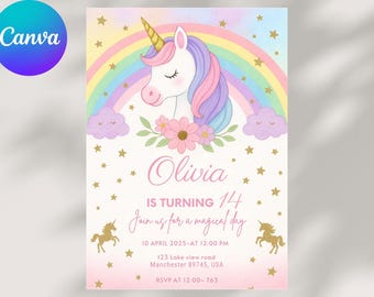Editable Unicorn Birthday Invitation: Magical Party Invite (5x7 inch, Canva Template)