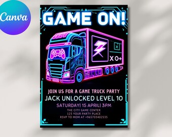 Video Game Truck Birthday Invitation: Neon Gamer Party (DIY Canva Printable)