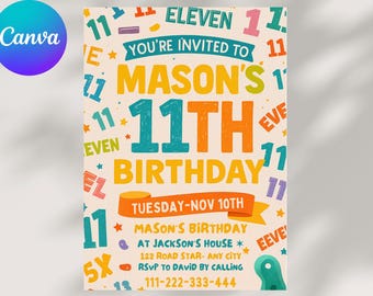 11TH Birthday Invitation: Boy Number Invite, Canva Template (5x7 inch, Instant Download)