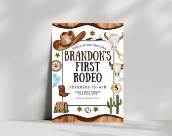 May include: A rectangular invitation card with a wood-grain border featuring illustrations of a cowboy hat, steer skulls, a wagon wheel, boots, a saddlebag, a cactus, and gold coins. The text reads: SADDLE UP AND JOIN FOR A BRANDON'S FIRST RODEO NOVEMBER 23-4PM 2466 FIRST STREET NEW YORK CITY RSVP AT +93588737000.