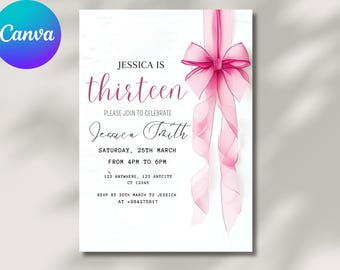 Pink Bow 13th Birthday Invitation: Editable Coquette Template (Digital Invite)
