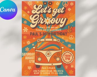 Retro 70s Birthday Invitation: Groovy Hippie Party, Editable Template