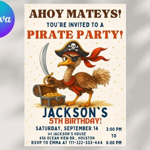 Invitación de cumpleaños pirata para niños, invitación editable para fiesta pirata con calavera y huesos cruzados, tema "Ahoy Matey", descarga digital instantánea, Canva