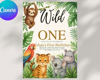 Wild One Safari Birthday Invitation: Jungle Theme, Editable Canva Template (Digital Download)
