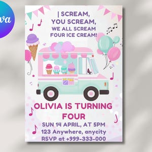 Ice Cream Birthday Invitation. Icecream Sweet Party Here&#39;s the Scoop Pink Purple Gold Girl Birthday EDITABLE Invite. Printable Download