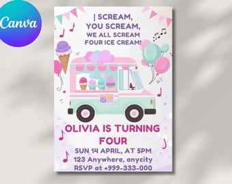 Ice Cream Birthday Invitation: Pink Purple Gold Girl Party (EDITABLE Printable Download)