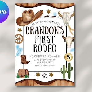 Erste Rodeo-Einladungsvorlage, Wilder Westen-Geburtstags-Einladung, Junge Cowboy-Geburtstags-Einladung, meine 1. Rodeo-Einladung, 5x7 DIY bearbeitbare Canva