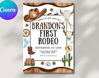 Wild West First Rodeo Invitation Template: 5x7 Editable Canva (DIY)
