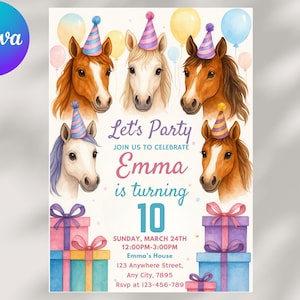 Faire-part 10e anniversaire fille, faire-part d'anniversaire cheval, fête de cow-girl, modèle de toile modifiable, carte d'anniversaire pour fille