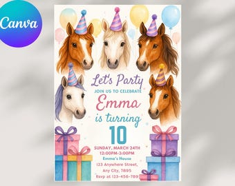 Horse 10th Birthday Invitation Girl: Cowgirl Canva Template