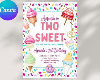 Two Sweet Birthday Invitation: Candy Dessert, 2nd Birthday Girl (Canva  Template)