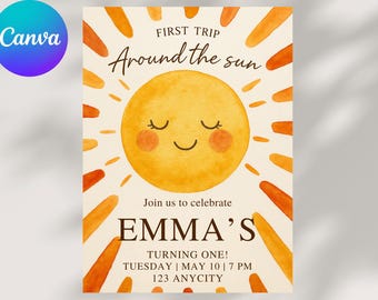 First Trip Around the Sun Invitation: Travel Theme Birthday (Editable Canva Digital Download)