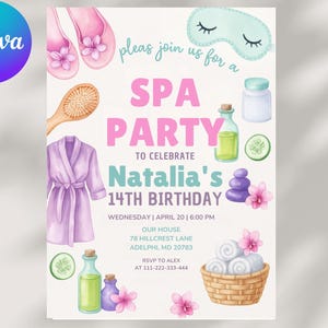 Spa Party Invite for Girls, Editable Spa Birthday Invitation, Self-Care Party Printable Template, Editable Instant Download, Party Template
