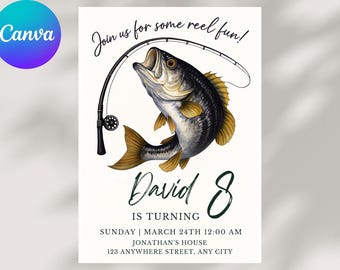 Puede incluir: Una invitación blanca con una caña de pescar verde y negra y un pez de bajo. El texto dice "Join us for some reel fun! David 8 is turning Sunday March 24th 12:00 AM Jonathan's House 123 Anywhere Street, Any City".