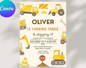 Editable Construction Birthday Invitation: Trucks & Cranes Party (Printable File)