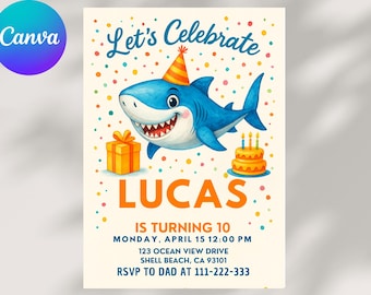 Shark Birthday Invitation: Under the Sea Party, Editable Canva Template (Digital Download)