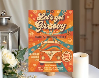 Retro 70s Birthday Invitation: Groovy Hippie Party, Editable Template