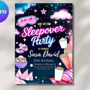 May include: A colourful invitation for a sleepover party with a neon sign that says "Sleepover Party" and stars in the background. The invitation is for Sara David's 10th birthday and includes details about the date, time, location, and RSVP information.