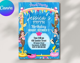 May include: A blue and white pool party invitation with a mermaid theme. The invitation features a cartoon mermaid with pink and purple hair and a pink tail. The text on the invitation reads "Jessica's Fifth Birthday" and includes the date, time, and location of the party.