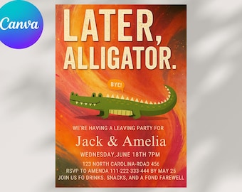 Uitnodiging alligator afscheidsfeestje: bewerkbare afscheidsuitnodiging (canvasjabloon, direct downloaden)
