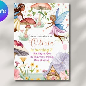 Editable Fairy Birthday Invitation: Whimsical Floral Party (CANVA Template)