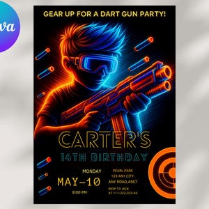 Convite de aniversário com arma de dardos, convite para festa temática Nerf, cartão de aniversário infantil editável, download digital para impressão, modelo editável do Canva