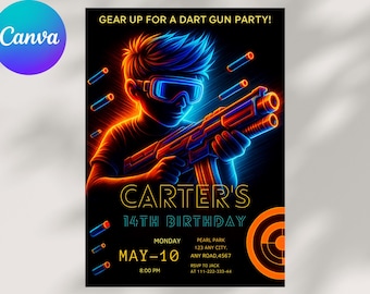 Dart Gun Birthday Invitation, Nerf Theme Party Invite, Editable Kids Birthday Card, Printable Digital Download, Edit able Canva Template