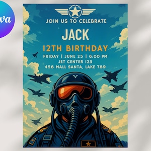 First Birthday Jet Invite, Top Pilot Invite, Fighter Jet Birthday Invite, First Birthday Invite, Jet One Invite, editable canvas, invitation