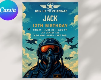Jet Pilot Birthday Invite: Editable Canvas Template (5x7 inch)