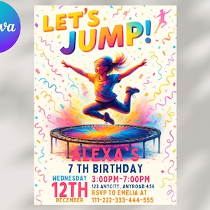 Convite de aniversário Let's Jump, convite para festa de trampolim para impressão, cartão de aniversário infantil editável, download instantâneo para impressão, festa Let's Jump
