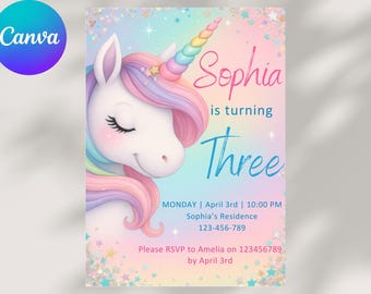 Invitación de cumpleaños de unicornio editable: invitación mágica para fiesta (12,7 x 18,8 cm, plantilla de Canva)