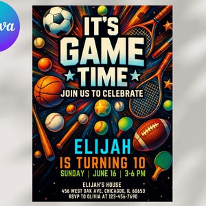 Invitation de sport pour enfants, invitation de fête d'anniversaire imprimable, invitation de sports d'équipe, fête d'anniversaire modifiable à imprimer, football, basket-ball, football