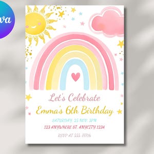 Edytowalne zaproszenie urodzinowe Rainbow, zaproszenie urodzinowe Pastel Rainbow, zaproszenie urodzinowe Pink Pastel Gold Rainbow, 6th Rainbow Mobile Invite
