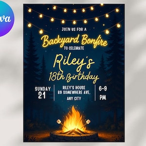 Fall Bonfire Invitation: Editable S&#39;mores Night Party Invite (5x7 inch Canva Template)