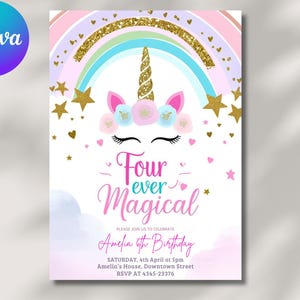 Unicorn Birthday Invitation, Unicorn Invitation, Rainbow Unicorn Birthday Invite, Pastel Unicorn Invitation Printable 3rd 4th 5th 6th 7th