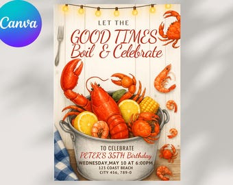 Seafood Boil Birthday Invitation, Crab Lobster Shrimp Party Invite (Canva Template)