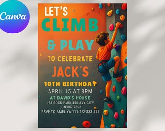 Rock Climbing Birthday Invitation: Editable Canva Template (Digital Download 5x7 inch