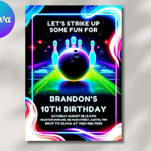 Glow Bowling Birthday Invitation: Neon Party, Editable Canva