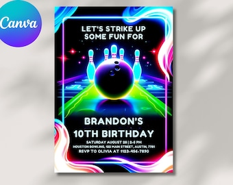 Glow Bowling Birthday Invitation: Neon Party, Editable Canva