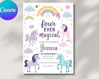 Editable Unicorn 4th Birthday Invitation: Magical Party (5x7 inch)