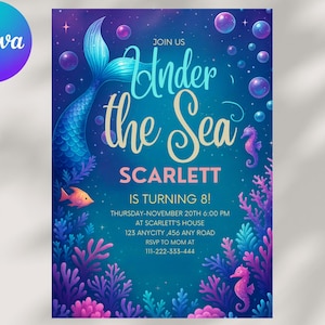 Mermaid Invitation Template, Mermaid Birthday Invitation Girl, Editable Mermaid Party Invite, Under the Sea Birthday Template, Printable