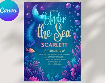 Mermaid Birthday Invitation Template: Editable Under the Sea Party Invite (Printable Canva Template 5x7 inch)