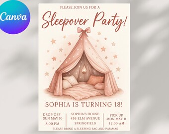 Girls Sleepover Invitation: Editable Slumber Party Template (Canva, Instant Download)