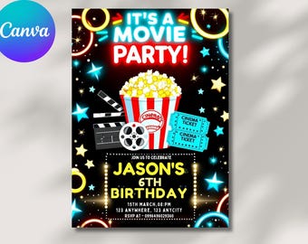 Invito di compleanno per film: biglietto del cinema, modello Canva modificabile